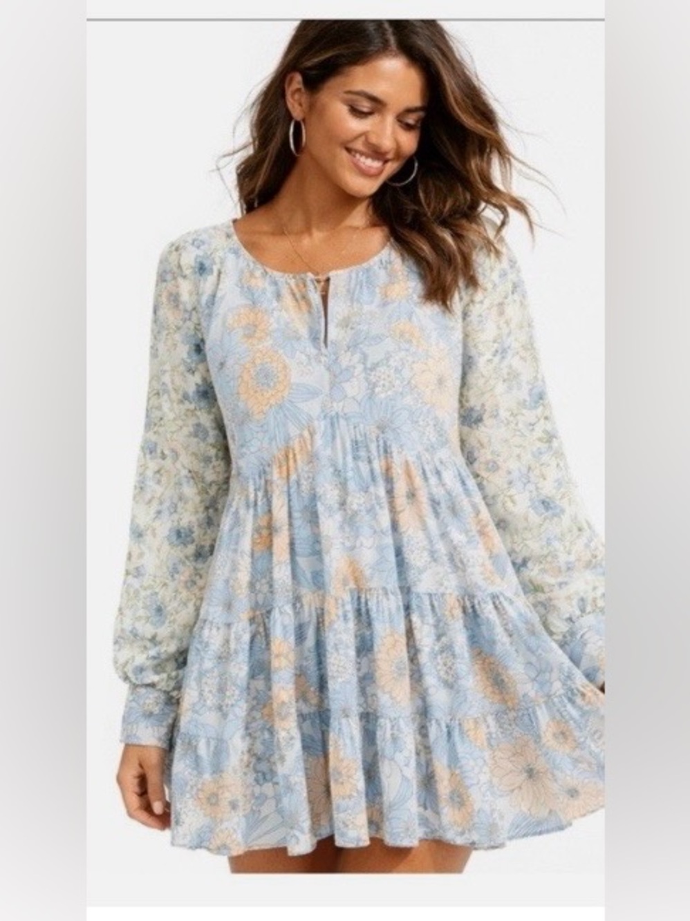 J. Crew Blue and Tannish Peach Mini Tiered Dress - Long Sleeve - V Neck - 18